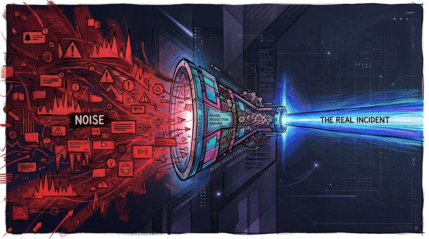 A noise reduction engine filtering chaotic alert noise into a focused beam representing real incidents